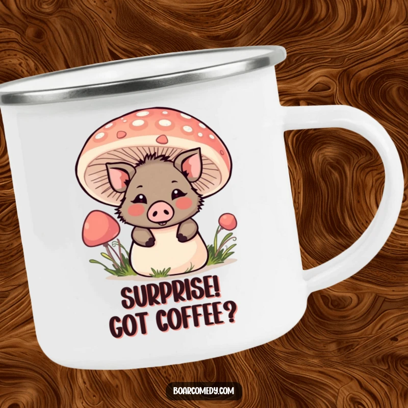 Funny Kawaii Boar Camping Mug: A kawaii boar playfully peeks from behind a mushroom, ready for outdoor exploration.