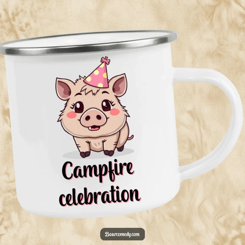 Funny cute boar wearing a tiny party hat, eyes wide with surprise and joy, on a camping mug.