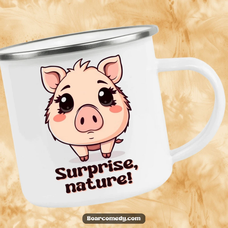 Funny Kawaii boar camping mug, a surprised boar with wide eyes, perfect for outdoor trips.