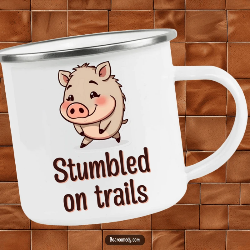 Funny durable camping mug with a small round boar character tripping with a funny expression, perfect for outdoors.