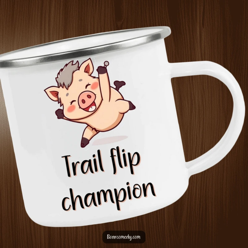 Funny smiling boar character tumbling head over heels in a playful manner, on an enamel camping mug.