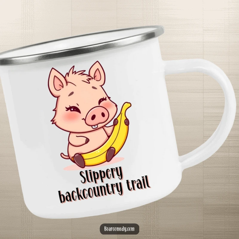 Funny winking boar character holding a tiny banana peel, a durable and fun camping mug for outdoor pranksters.
