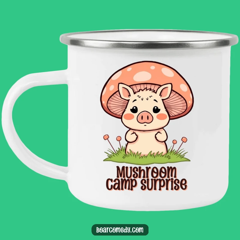 Funny Surprised Boar Behind Mushroom Camping Mug - Adventure Surprise!