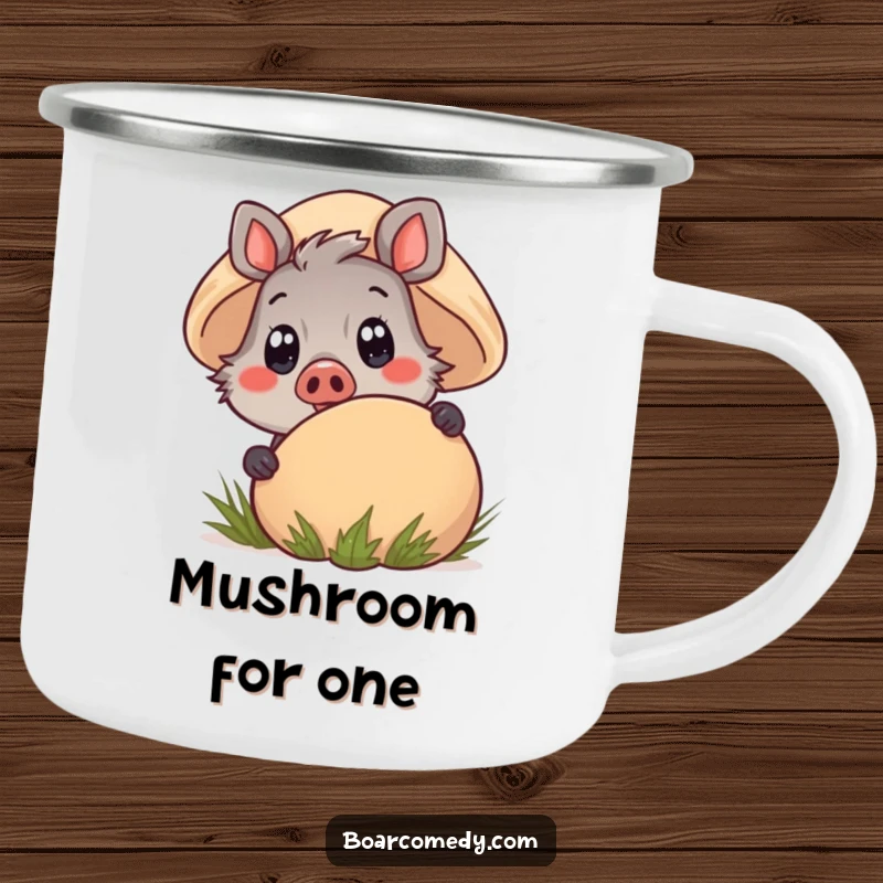 Funny Kawaii Boar Camping Mug peeking from behind a large mushroom, with wide, curious eyes, ready for outdoor fun.
