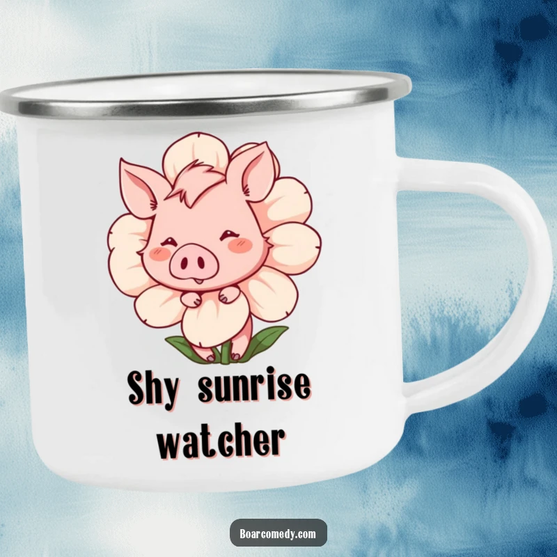 Funny Camping Mug: Shy boar peeking from behind a flower, with a bashful smile, bringing sweet charm to nature.