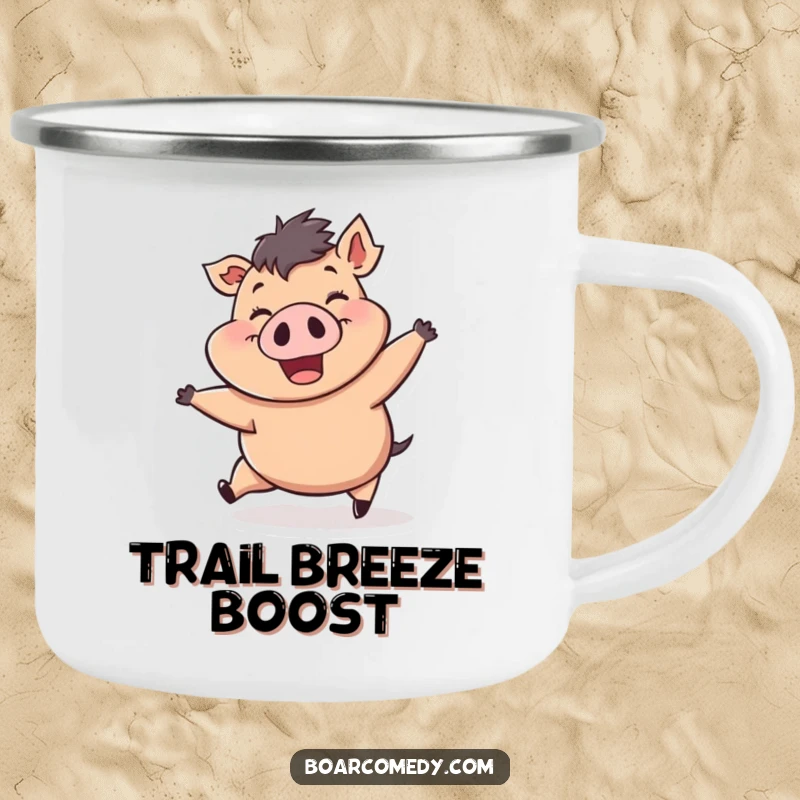 Funny camping mug: a plump, cheerful boar character being pushed by a strong wind gust, ready for outdoor escapades and smiles.