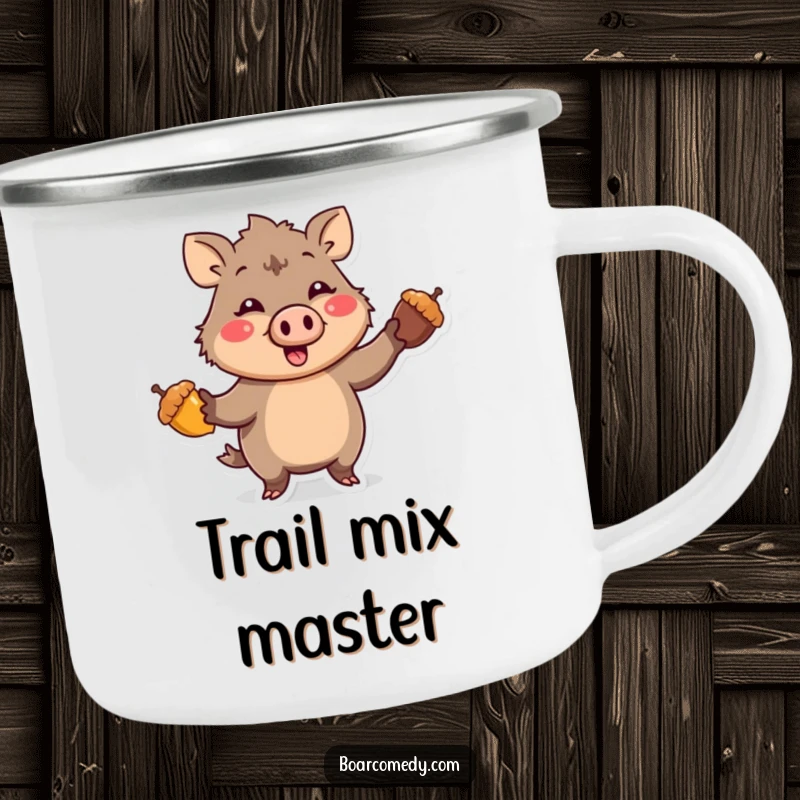 Funny Kawaii Boar character with a comical expression, enthusiastically juggling three bright acorns, printed on a sturdy enamel camping mug.