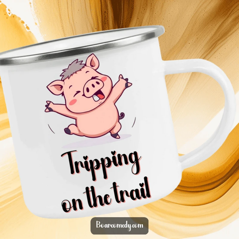 Funny Kawaii Boar Camping Mug: A kawaii boar is comically tripping, arms flailing wildly during outdoor fun.