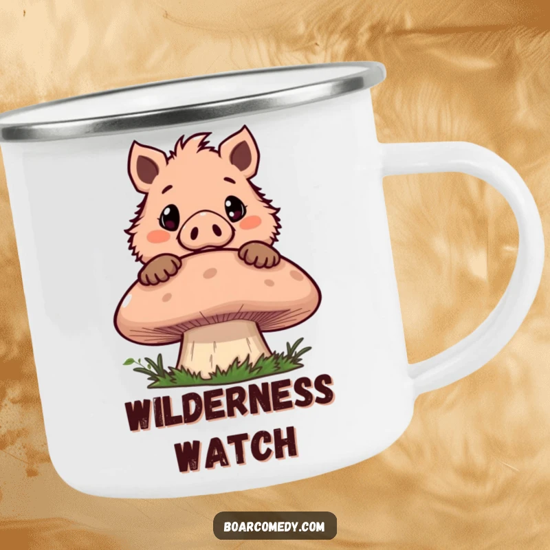 Funny camping mug featuring a mischievous boar character peeking over a giant mushroom with wide eyes, perfect for curious campers.