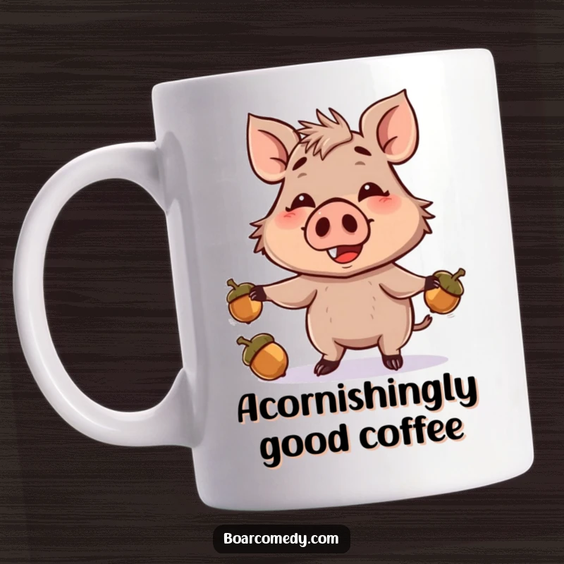 Funny mug depicting a smiling boar character skillfully juggling three acorns with its snout, showcasing playful woodland antics.
