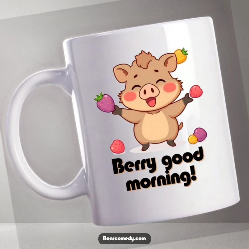 Funny mug depicting a small boar character enthusiastically juggling three brightly colored berries with impressive skill and a joyful expression.