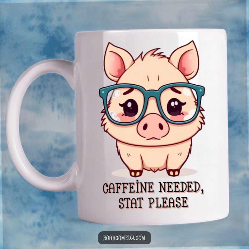 Funny Kawaii boar mug, a boar wearing oversized glasses, looking utterly confused and bewildered.
