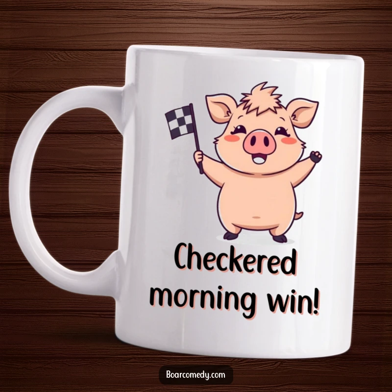 Funny happy kawaii boar mug, enthusiastically waving a small checkered flag, embodying excitement and the thrill of the race.
