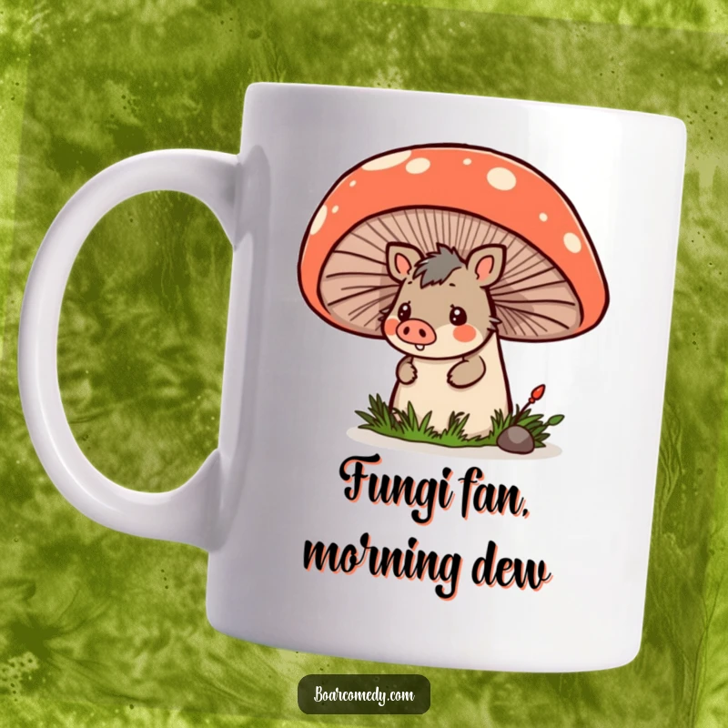 Funny kawaii boar peeking playfully from behind a huge, vibrant mushroom on a ceramic mug, showcasing whimsical charm.