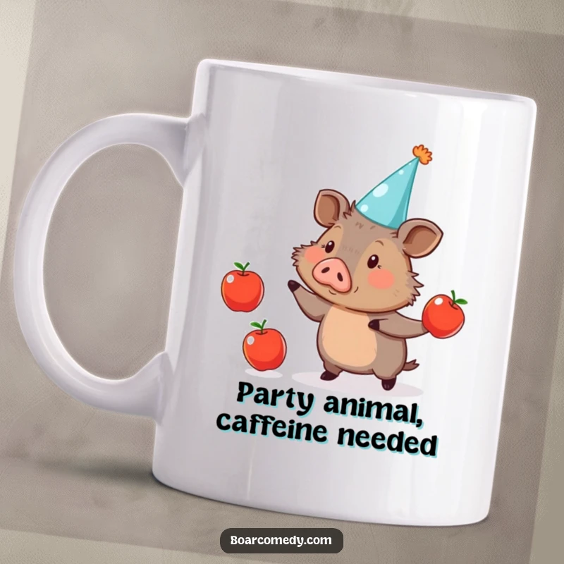 Funny Mug: Cute boar in a party hat, cheerfully juggling three red apples, a whimsical and amusing scene.