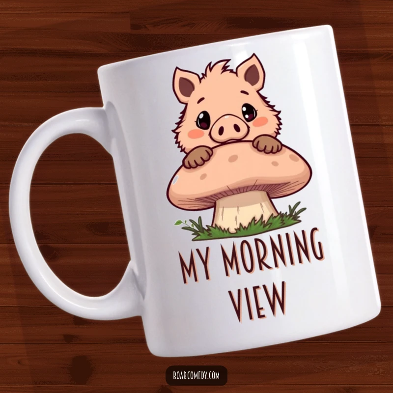 Funny mug featuring a mischievous boar character peeking over a giant mushroom with wide, curious eyes, capturing a moment of playful discovery.