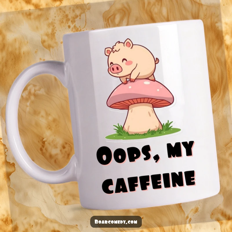 Funny mug showing a round, rosy-cheeked boar character tripping comically over a huge mushroom, expressing pure, unadulterated joy in its mishap.