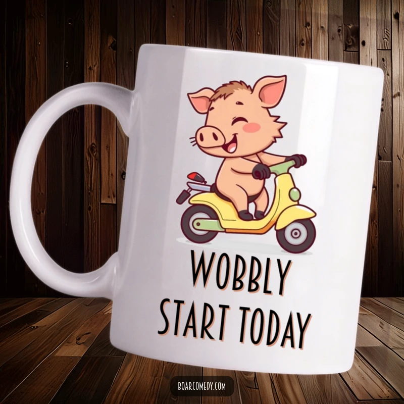 Funny cheerful little boar character wobbling precariously while attempting to ride a tiny scooter, depicted on a humorous mug.