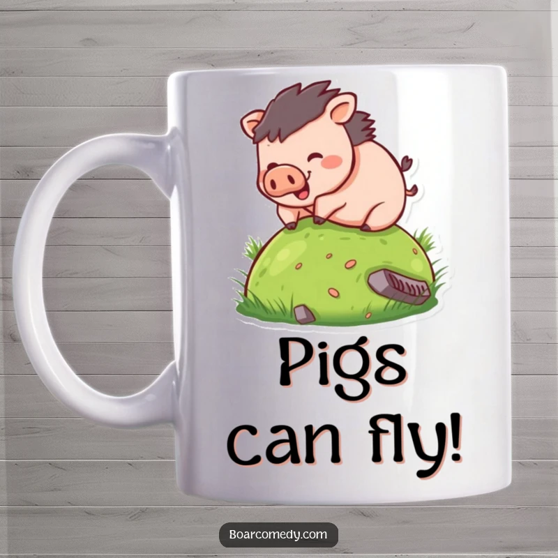 Funny mug featuring a small, round boar character gleefully rolling down a lush green hill with pure cartoon joy and abandon.