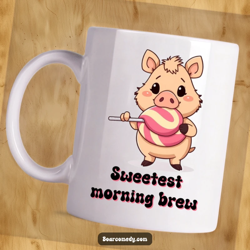 Funny cheerful boar character joyfully holding a massive, colorful lollipop, exuding happiness and a love for sweets.