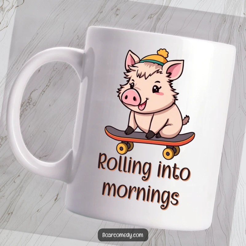 Funny Mug: Very cheerful boar wearing a tiny hat, confidently riding a skateboard, embodying fun and adventure.