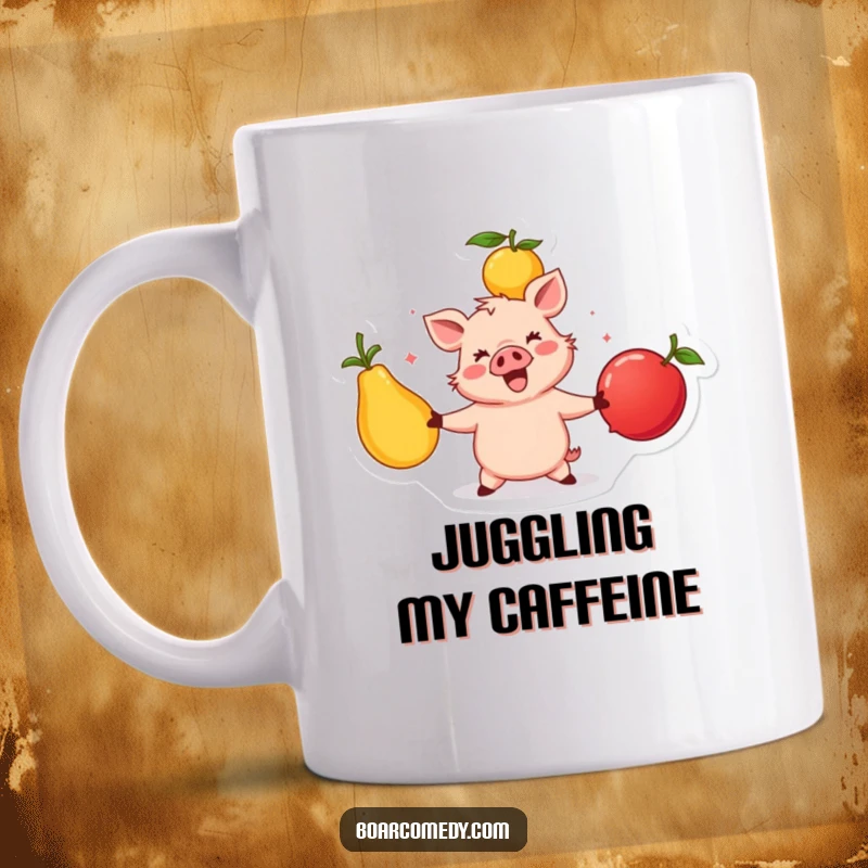 Funny happy boar character skillfully juggling three large, brightly colored fruits, showcasing impressive dexterity and joy.