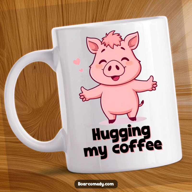 Funny Mug: Pink, smiling boar character with outstretched arms, offering a warm hug to an invisible friend, radiating pure joy.
