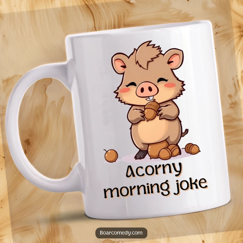 Funny Kawaii Boar Mug with a mischievous grin, expertly balancing a tall stack of acorns, showing playful cunning.