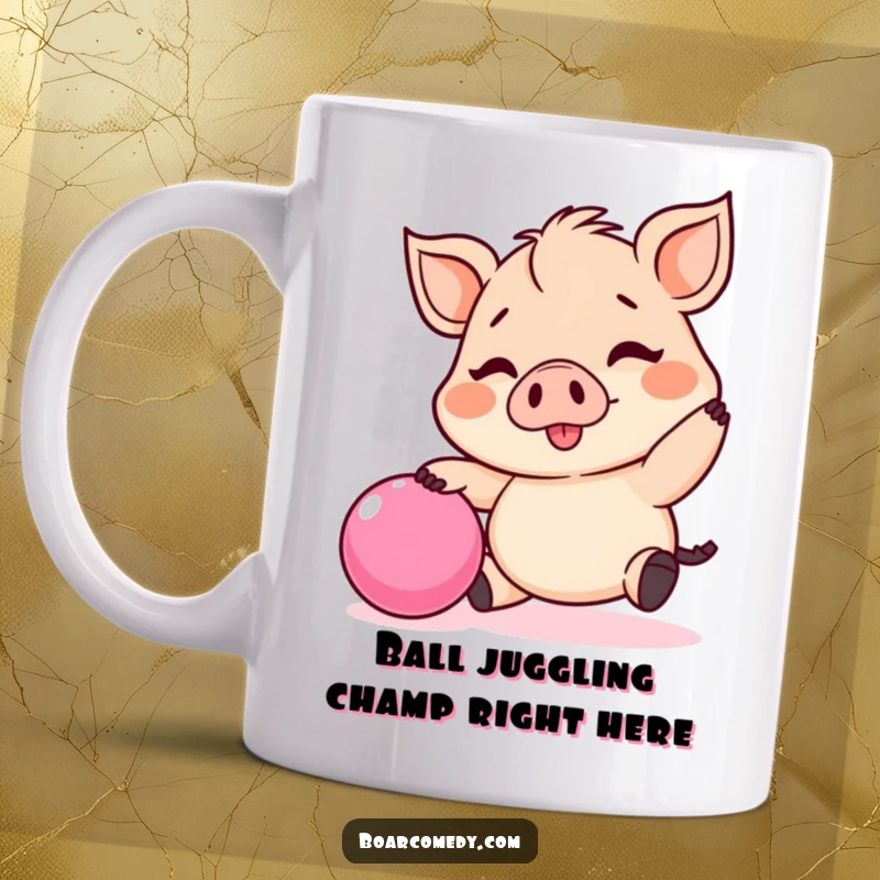 Funny Kawaii boar mug with a tiny pink ball, happily bouncing in a playful, cheerful pose.