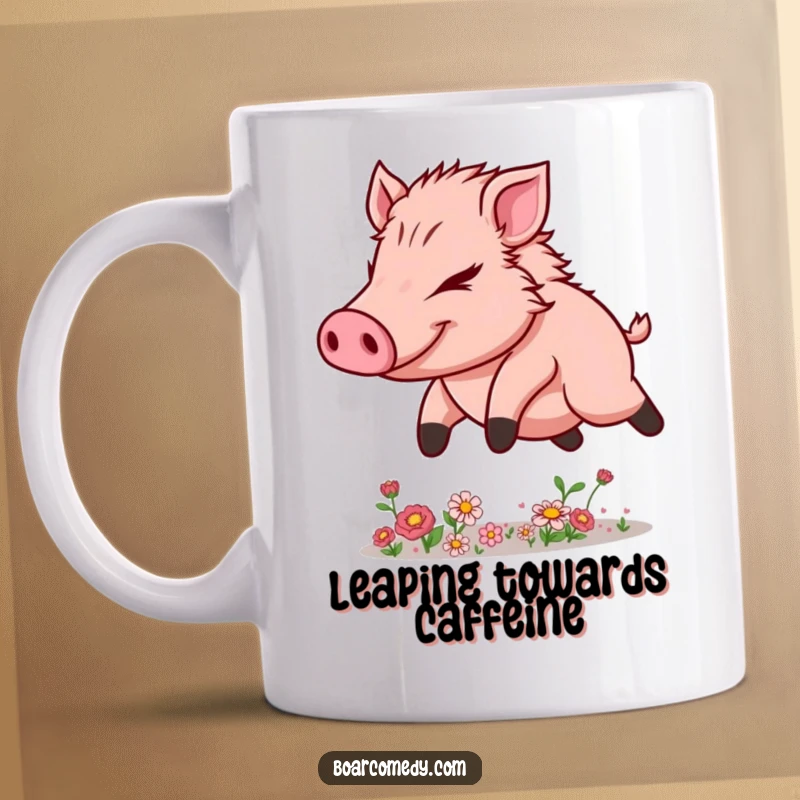 Funny Kawaii Boar Mug showing fierce determination while leaping gracefully over small, colorful flower obstacles with energetic focus.