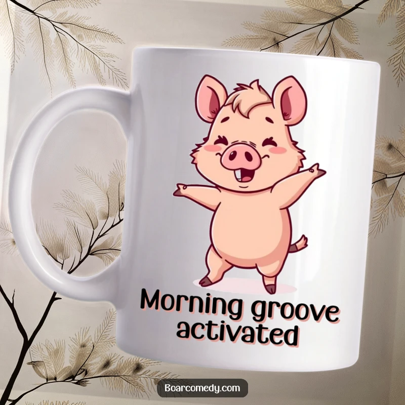 Funny Kawaii boar character attempting a comical, wobbly dance move, depicted on a mug.