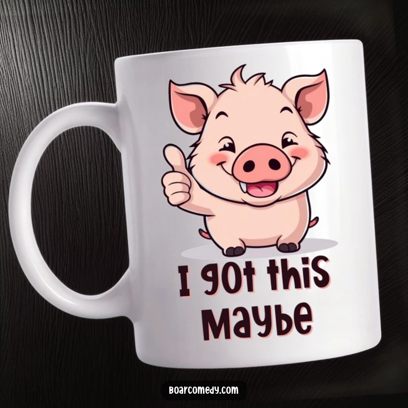 Funny Kawaii Boar Mug: Adorable boar giving a huge thumbs up with a wide, happy grin, radiating positivity and humor.