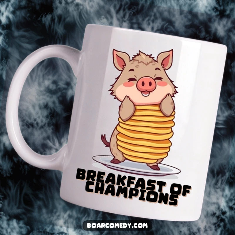 Funny mug featuring a smiling boar character attempting to balance an impossibly tall stack of pancakes, looking determined.