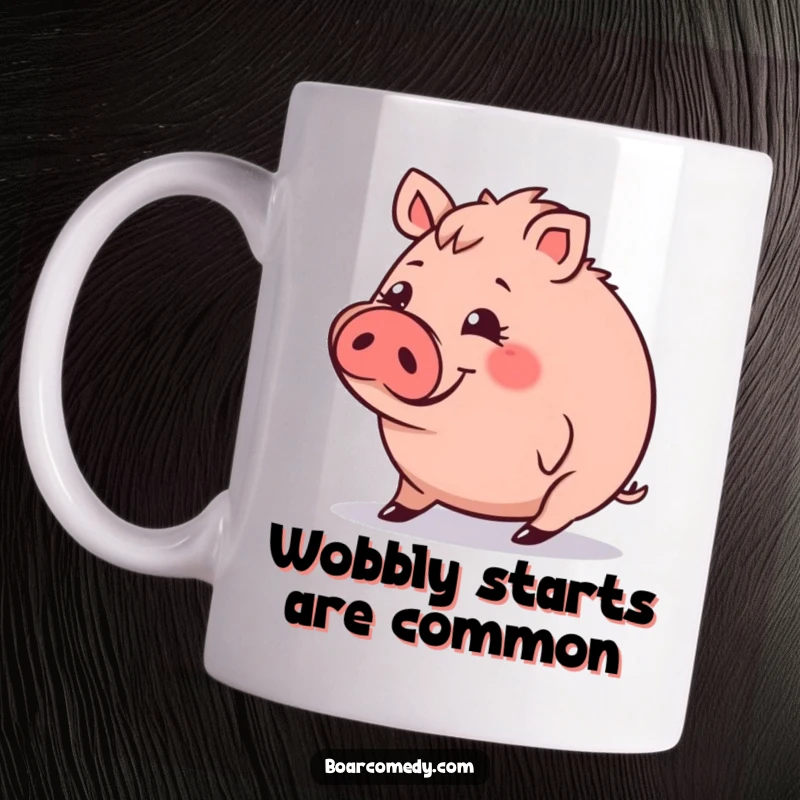 Funny Mug: Small, round boar character with a funny expression, tripping slightly, capturing a moment of adorable clumsiness.