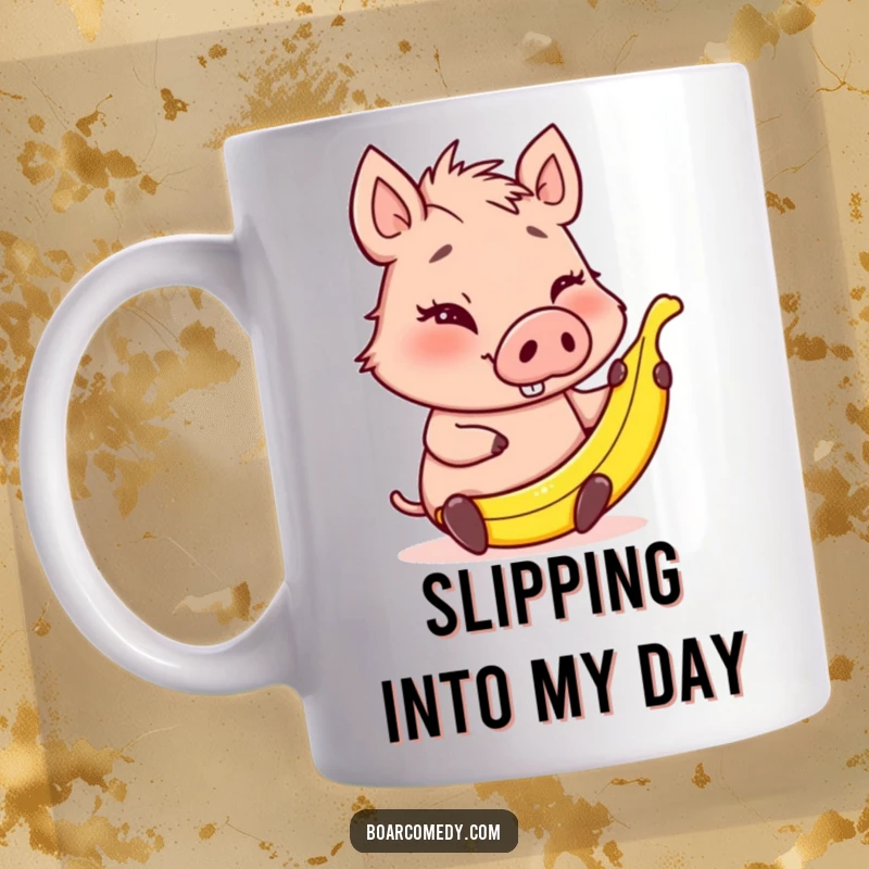 Funny winking boar character precariously holding a tiny banana peel, suggesting a mischievous prank is about to happen.