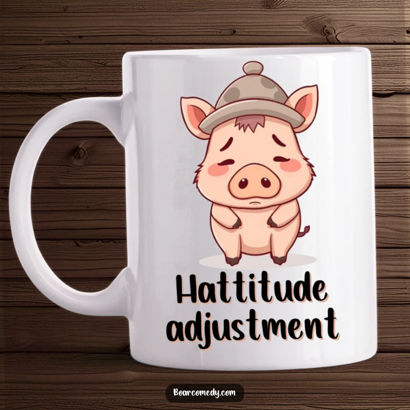 Funny mug showcasing a confused boar character wearing a tiny hat that is comically too large for its head.
