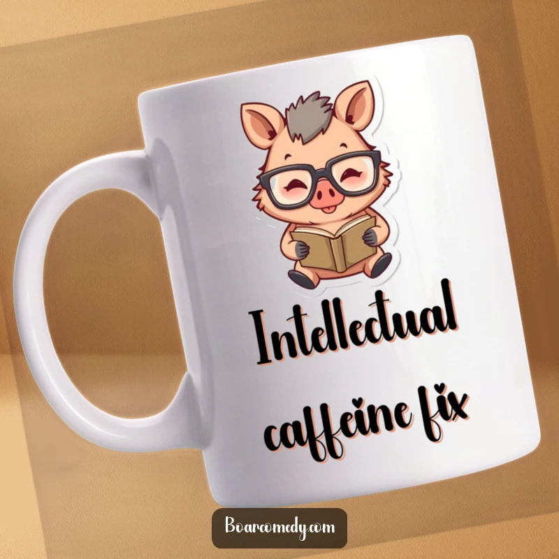 Funny mug featuring a happy boar character wearing oversized glasses, intently reading a very tiny book.