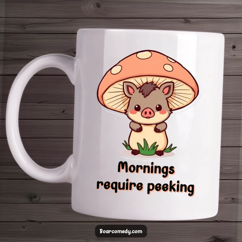 Funny Mug: Kawaii boar character with a cute expression, peeking curiously from behind a large, enchanting mushroom.