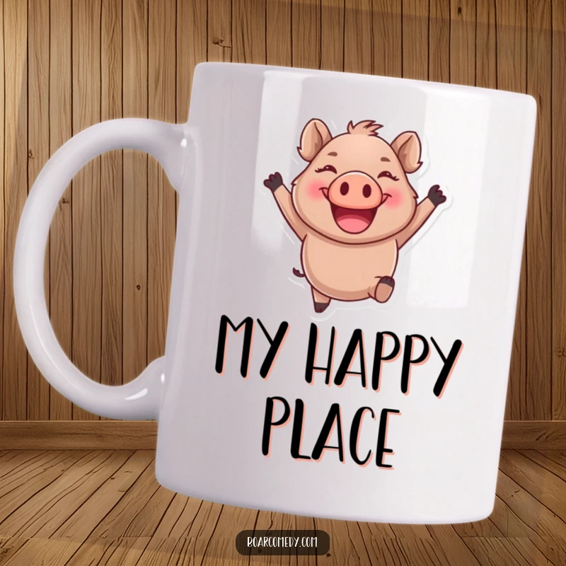 Funny round boar character leaping joyfully with a giant smile, spreading happiness on a mug.