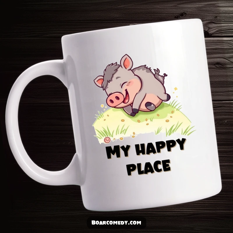 Funny kawaii boar mug, gleefully giggling while tumbling down a grassy hill, capturing pure, uncontainable joy and playful energy.