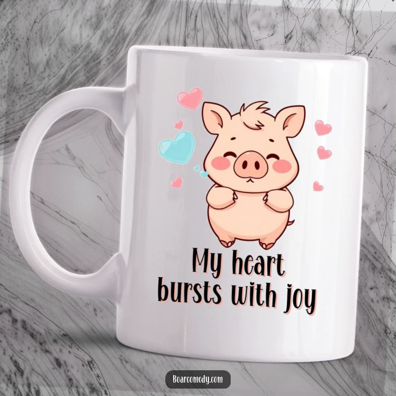 Funny chubby boar character blowing a stream of heart-shaped bubbles, exuding pure joy and sweetness. A delightful mug for animal lovers.