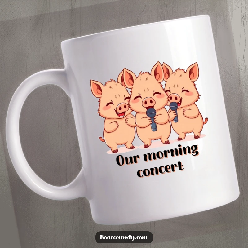 Funny group of three cute boars giggling uncontrollably while holding tiny microphones, ready for a comedy show.