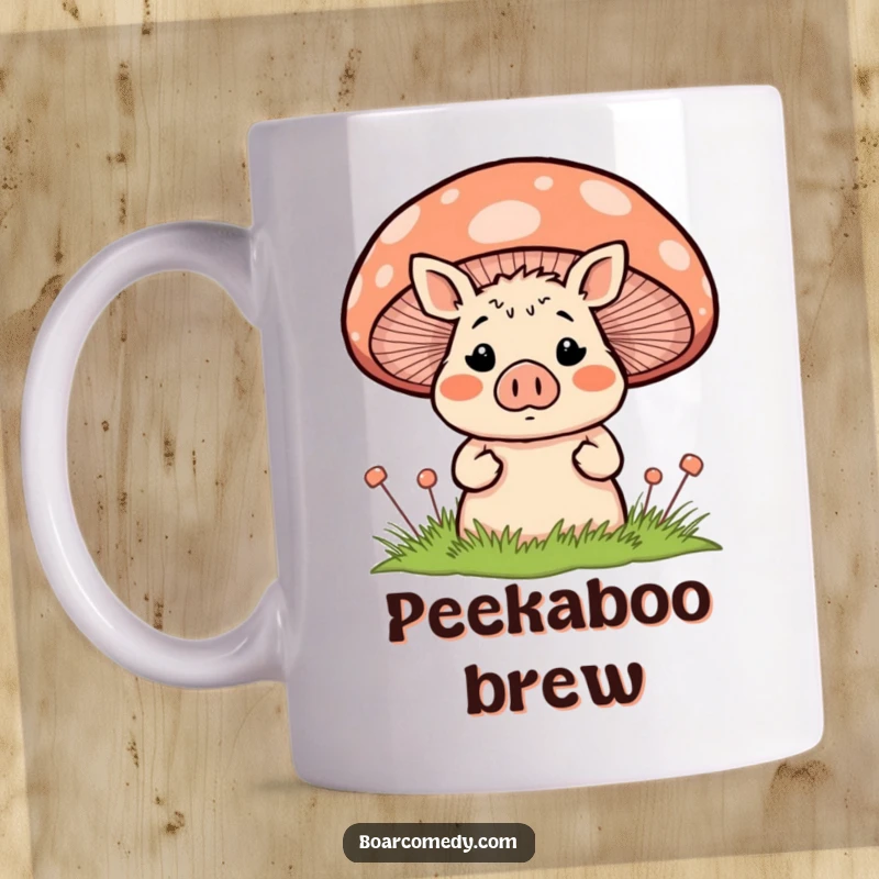 Funny blushing, surprised boar character peeking shyly from behind a large, colorful striped mushroom, featured on a charming mug.