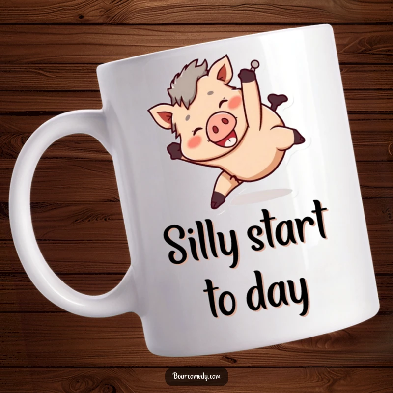 Funny smiling boar character tumbling head over heels in a playful manner, on a mug.