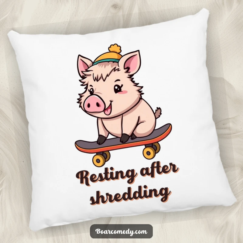 Funny Pillow: Cheerful boar in a tiny hat, riding a skateboard, offering soft comfort and a humorous, cool design.