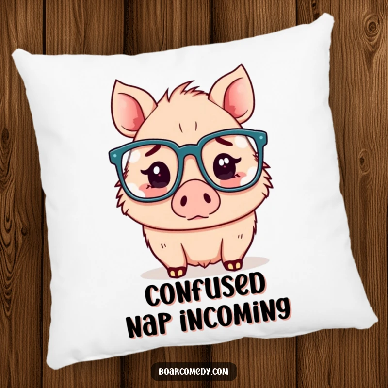 Funny Kawaii boar pillow, a confused boar wearing big glasses, perfect for lounging and contemplation.