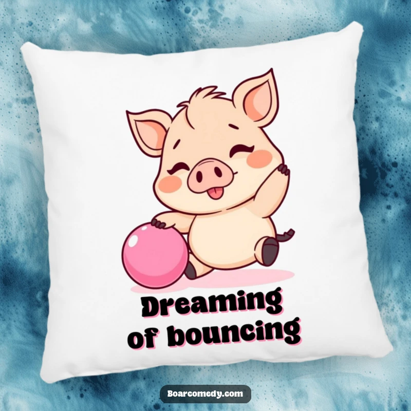 Funny Kawaii boar pillow, a cute, tiny boar joyfully bouncing a pink ball, soft and huggable.