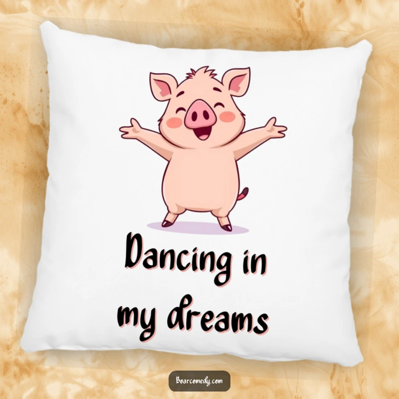 Funny Kawaii Boar Pillow: A cute kawaii boar is captured doing a silly dance with its arms outstretched, full of glee.