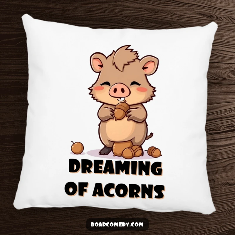 Funny Kawaii Boar Pillow with a mischievous grin, balancing a stack of acorns, offering comfort and playful character.