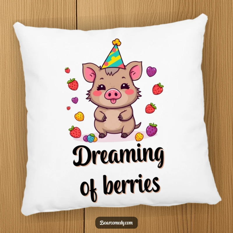 Funny Kawaii Boar Pillow wearing a party hat, juggling a cascade of colorful berries, embodying playful celebration and comfort.